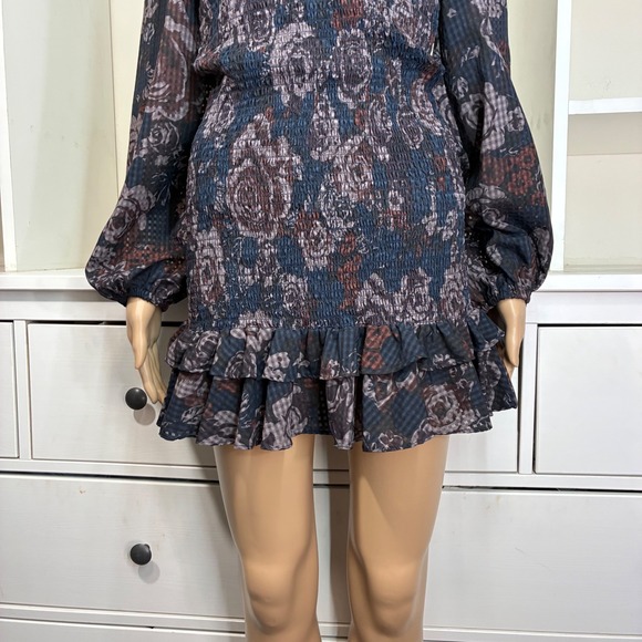 ZARA Womens Smocked Floral Mini Dress Blue Brown Ruffle High Neck Size M - Picture 7 of 7